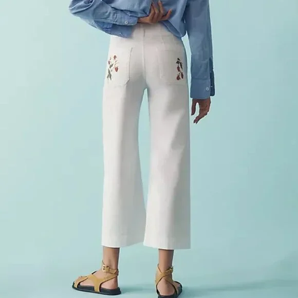 Anthropologie The Colette Embroidered Crop Wide-Leg Pants Strawberries Maeve 28
